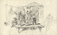 32567 Afbeelding van een plankier met enkele enkele personen voor de ingang van een tent met het opschrift De Groote ...